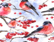Watercolor seamless background with bullfinches