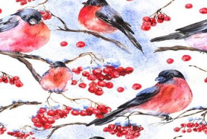 Watercolor seamless background with bullfinches