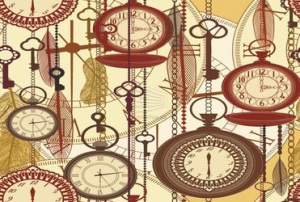 Vintage sepia seamless pattern with watches, feathers and keys