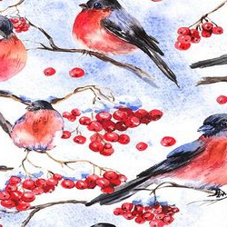 Watercolor seamless background with bullfinches